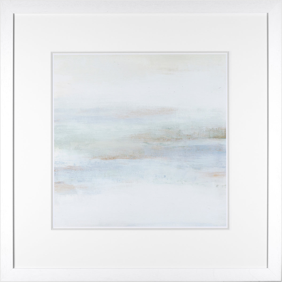 Cape Horizon II wall art featuring soft pastel colors and abstract design in a white frame.
