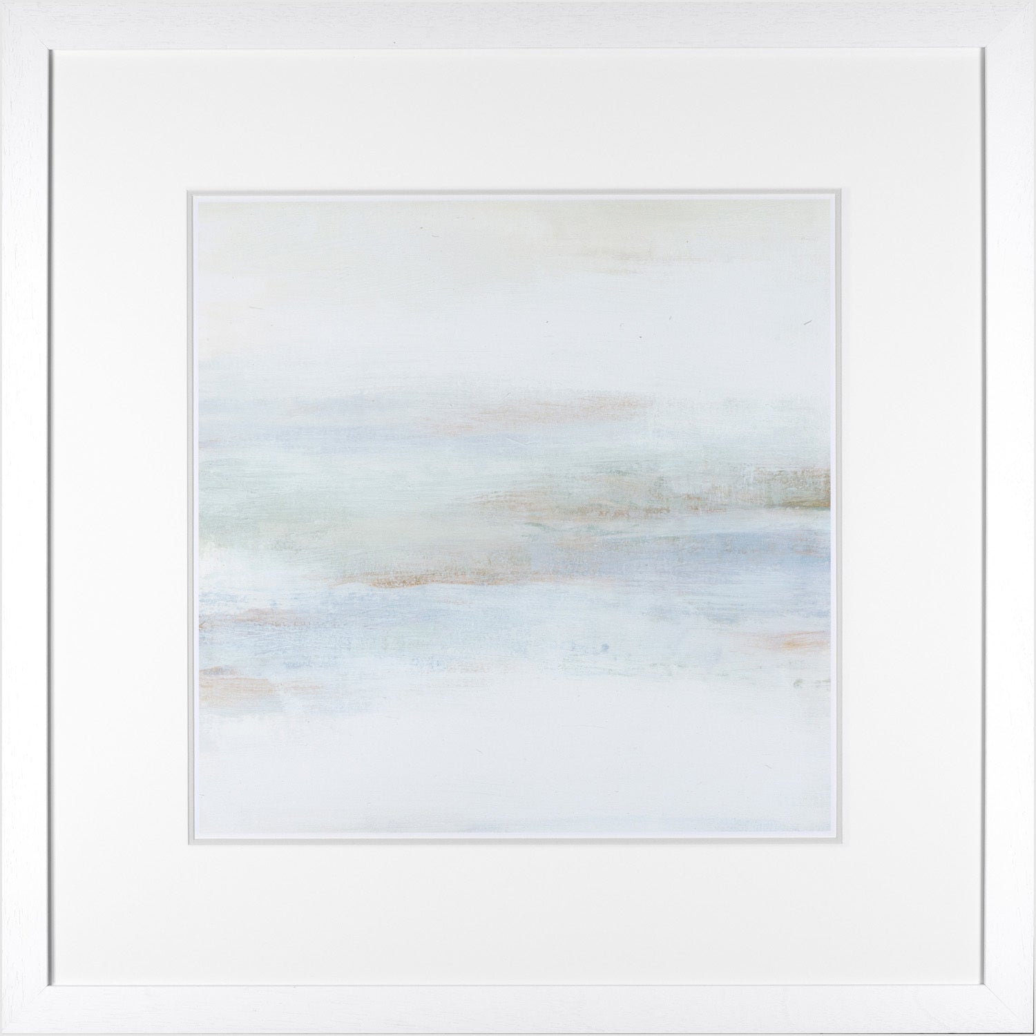 Cape Horizon II wall art featuring soft pastel colors and abstract design in a white frame.