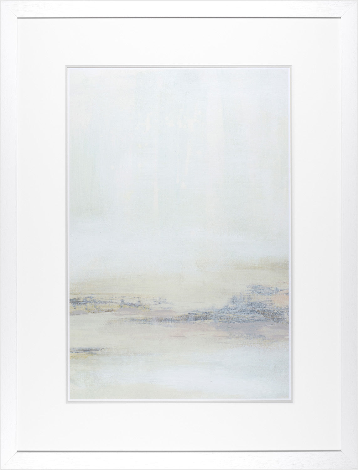 Estuary I wall art featuring soft pastel colors and abstract landscape design in a white frame.