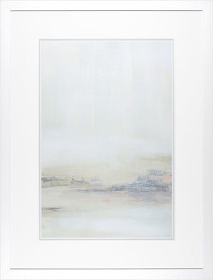Estuary I wall art featuring soft pastel colors and abstract landscape design in a white frame.