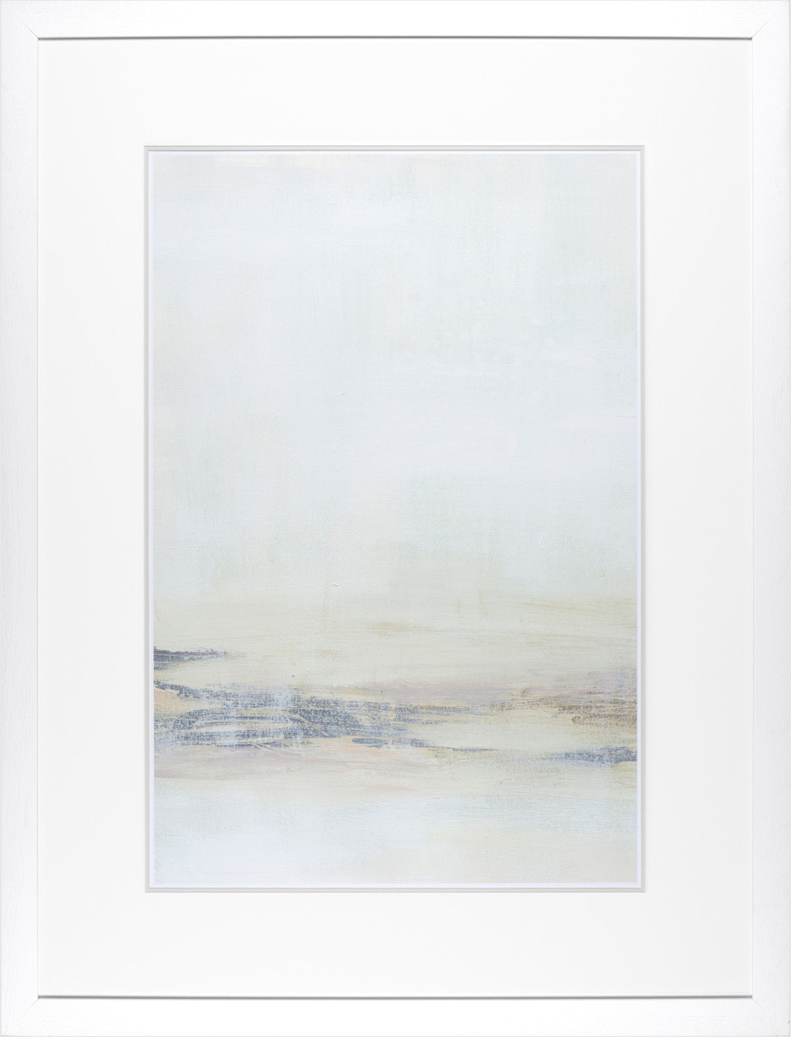 Estuary II wall art featuring soft pastel colors and abstract landscape design in a white frame.