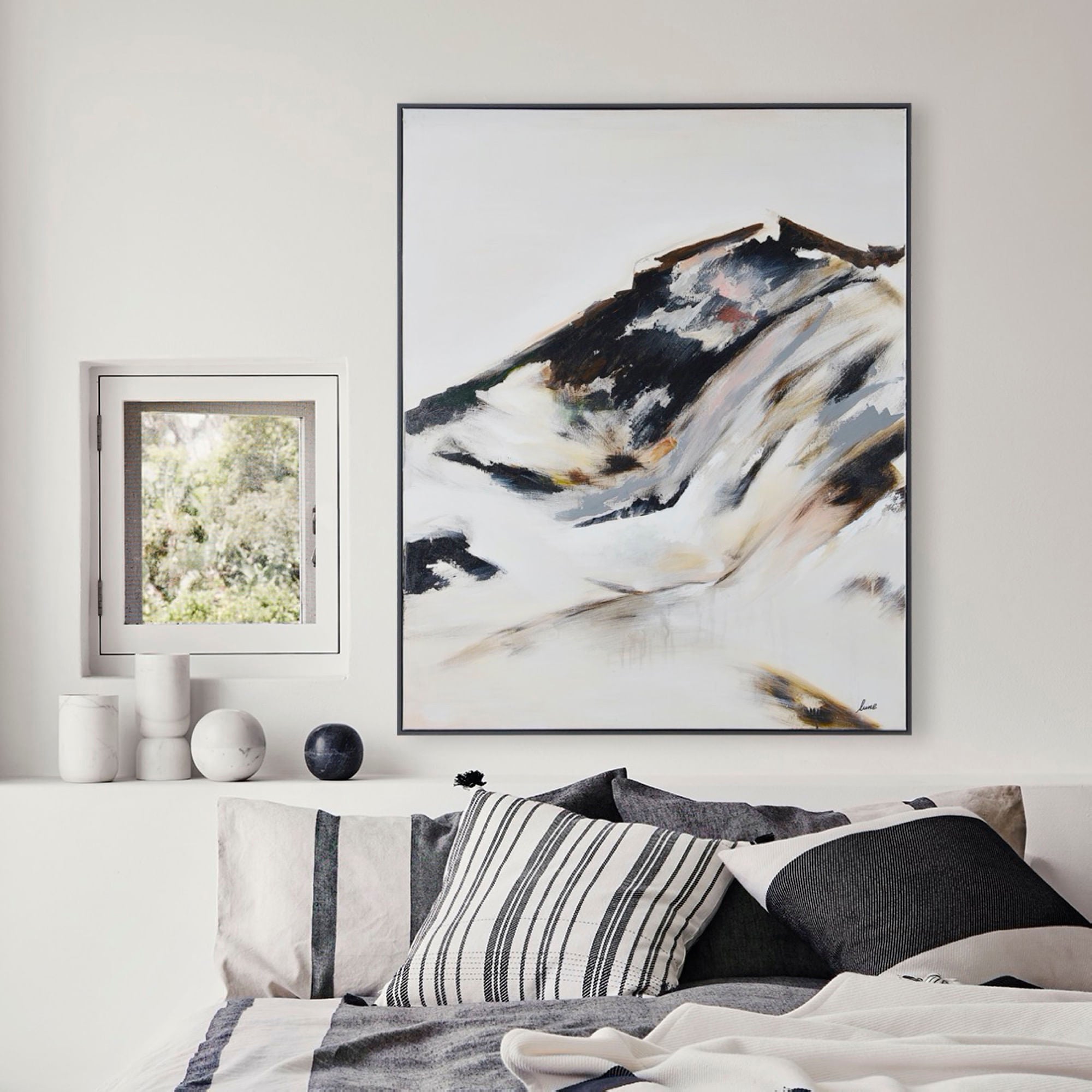 Infusion canvas art displayed in a modern bedroom setting with neutral decor.