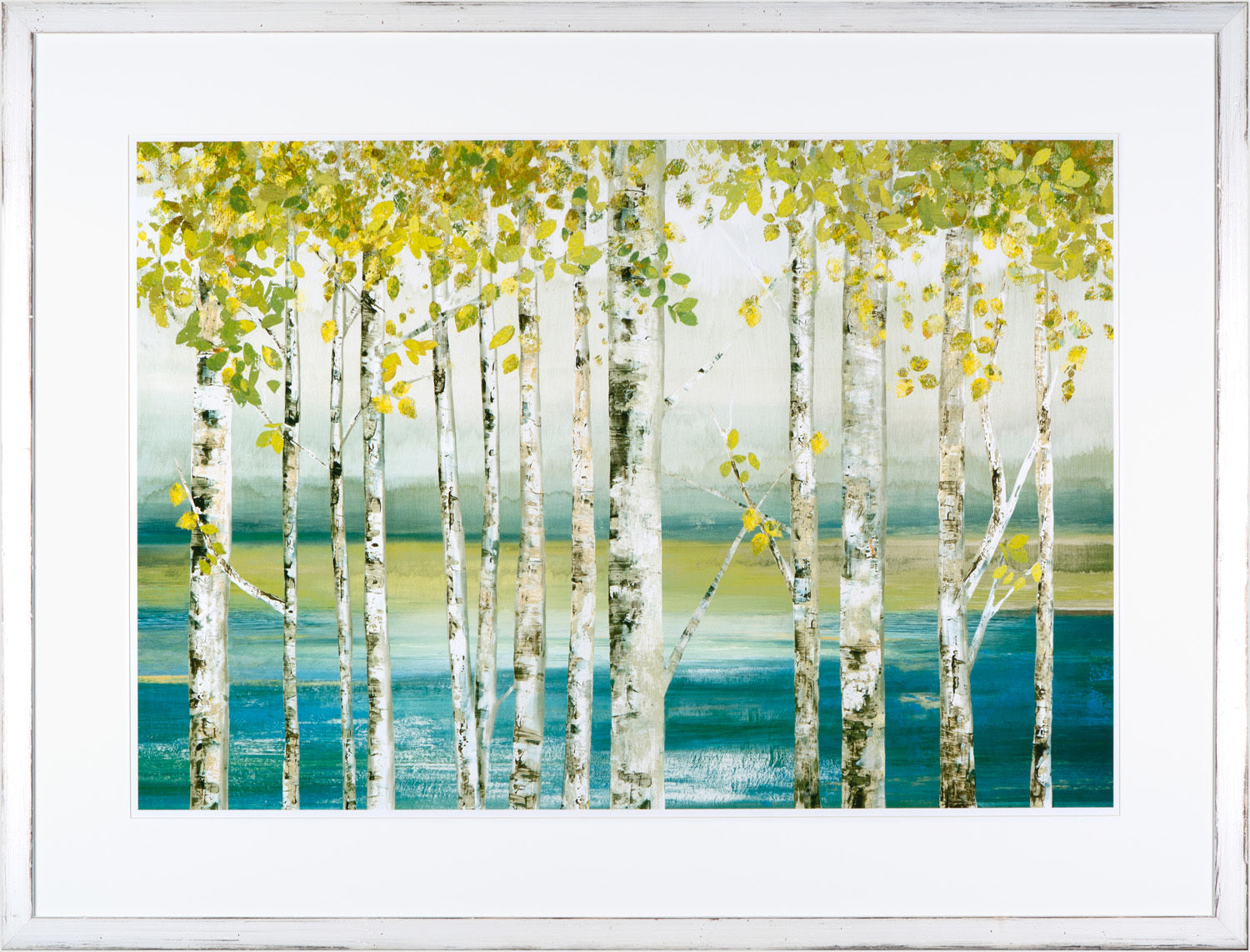 Down By The River wall art featuring birch trees with green leaves and a blue-green background