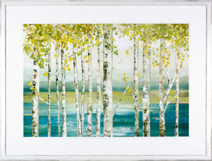 Down By The River wall art featuring birch trees with green leaves and a blue-green background