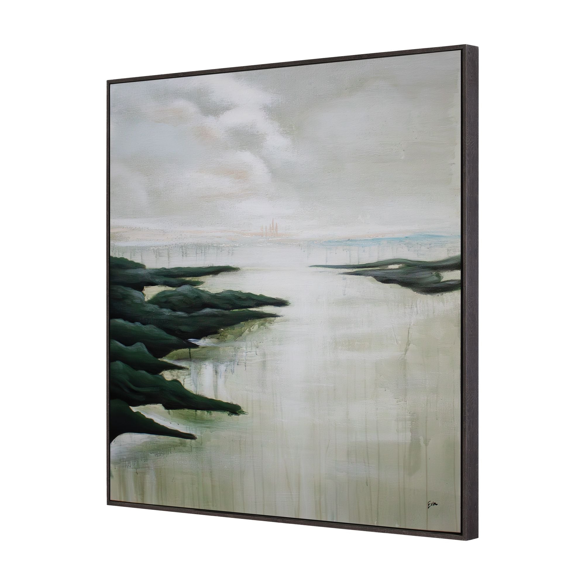 Saltoro canvas art featuring a serene landscape with green hills and a reflective water surface.