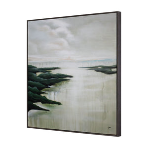 Saltoro canvas art featuring a serene landscape with green hills and a reflective water surface.