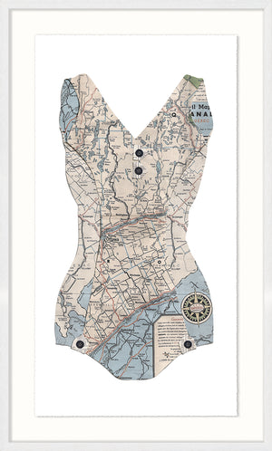 Swim Cutouts-Parchment II wall art featuring a vintage map design in a swimsuit shape.