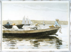 Homer – Boys In A Dory wall art featuring boys in a boat on calm water, soft colors, and sailboats in the background.