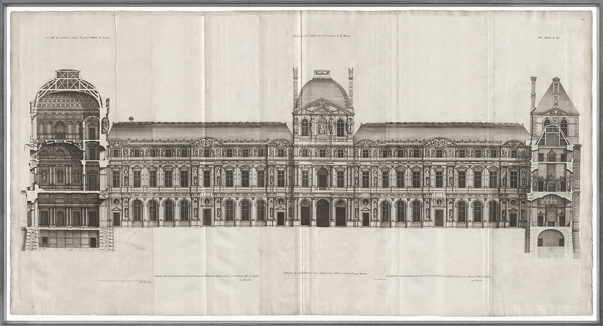 Elevation Of The Louvre 1659 wall art featuring detailed architectural illustration in black and white.