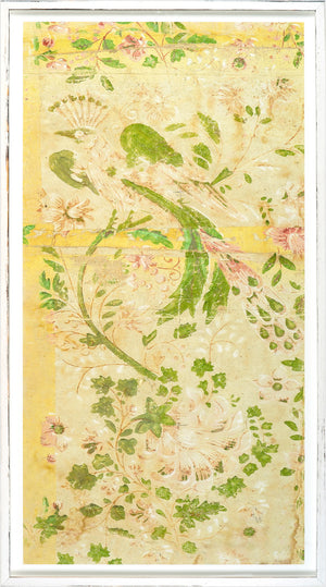 Fond D’Ecran Panel I wall art featuring floral and bird motifs in green and pink on a yellow background