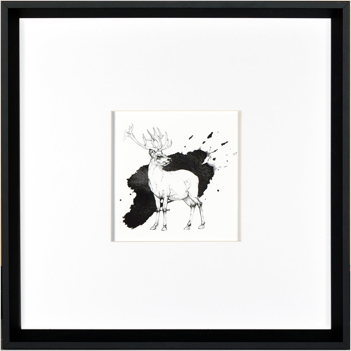 Stag Doodle wall art featuring a black and white deer illustration with ink splashes.