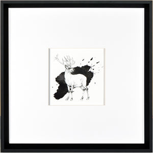 Stag Doodle wall art featuring a black and white deer illustration with ink splashes.
