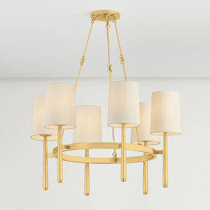 Close-up of the Bridgeton Chandelier 30" in aged brass showing the frame, arms, and shade detail.