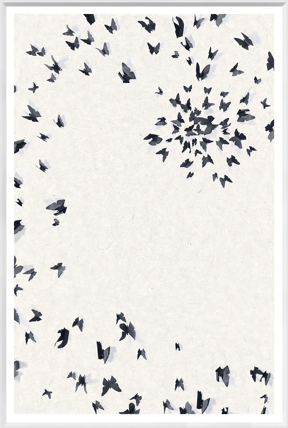 Spirale Papillon I wall art featuring swirling black and gray butterflies on a textured light background