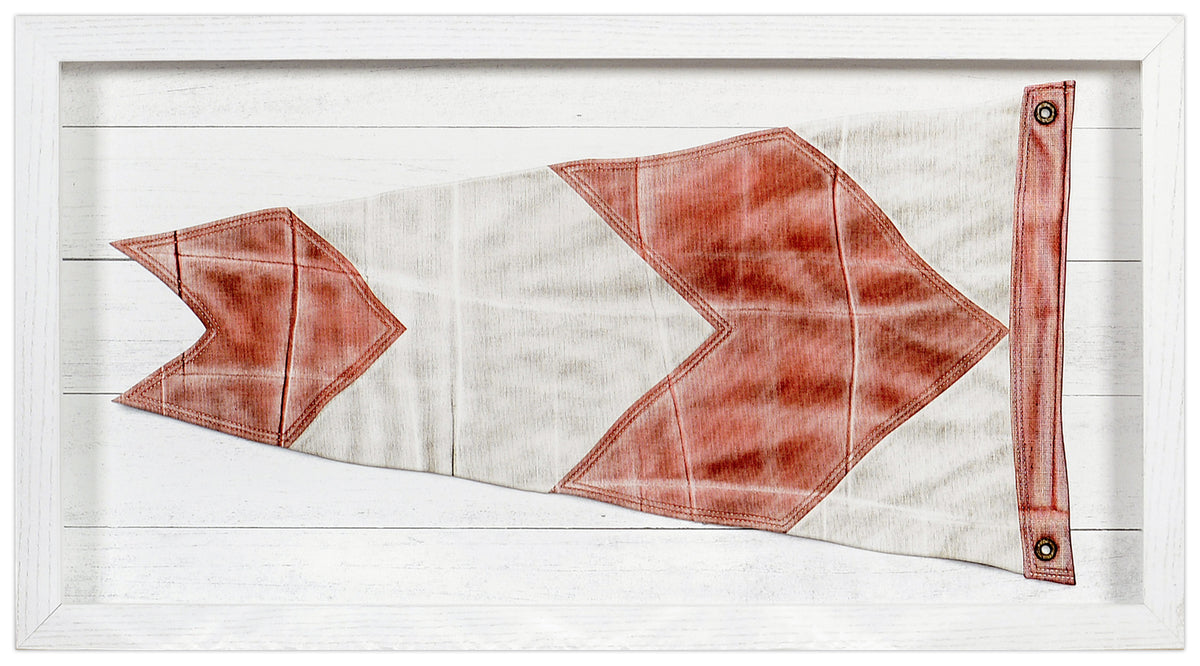 Yachting Burgee – R Chevron, featuring red chevron pattern on white fabric, framed in white wood.