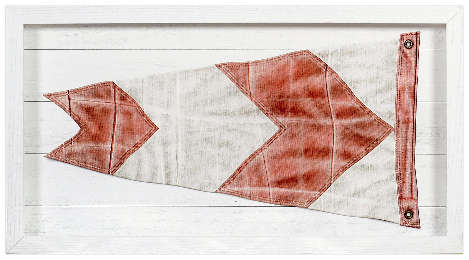 Yachting Burgee – R Chevron, featuring red chevron pattern on white fabric, framed in white wood.