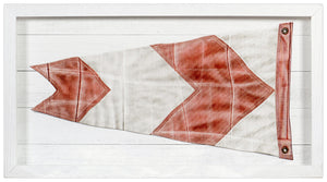 Yachting Burgee – R Chevron, featuring red chevron pattern on white fabric, framed in white wood.
