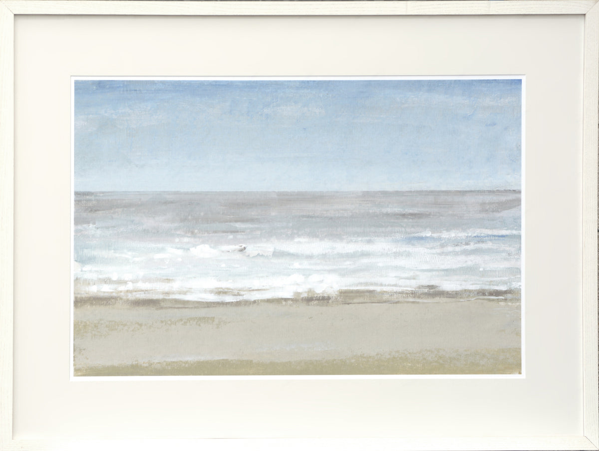 Beach Walking Day I wall art featuring a serene beach scene with soft waves and a blue sky.