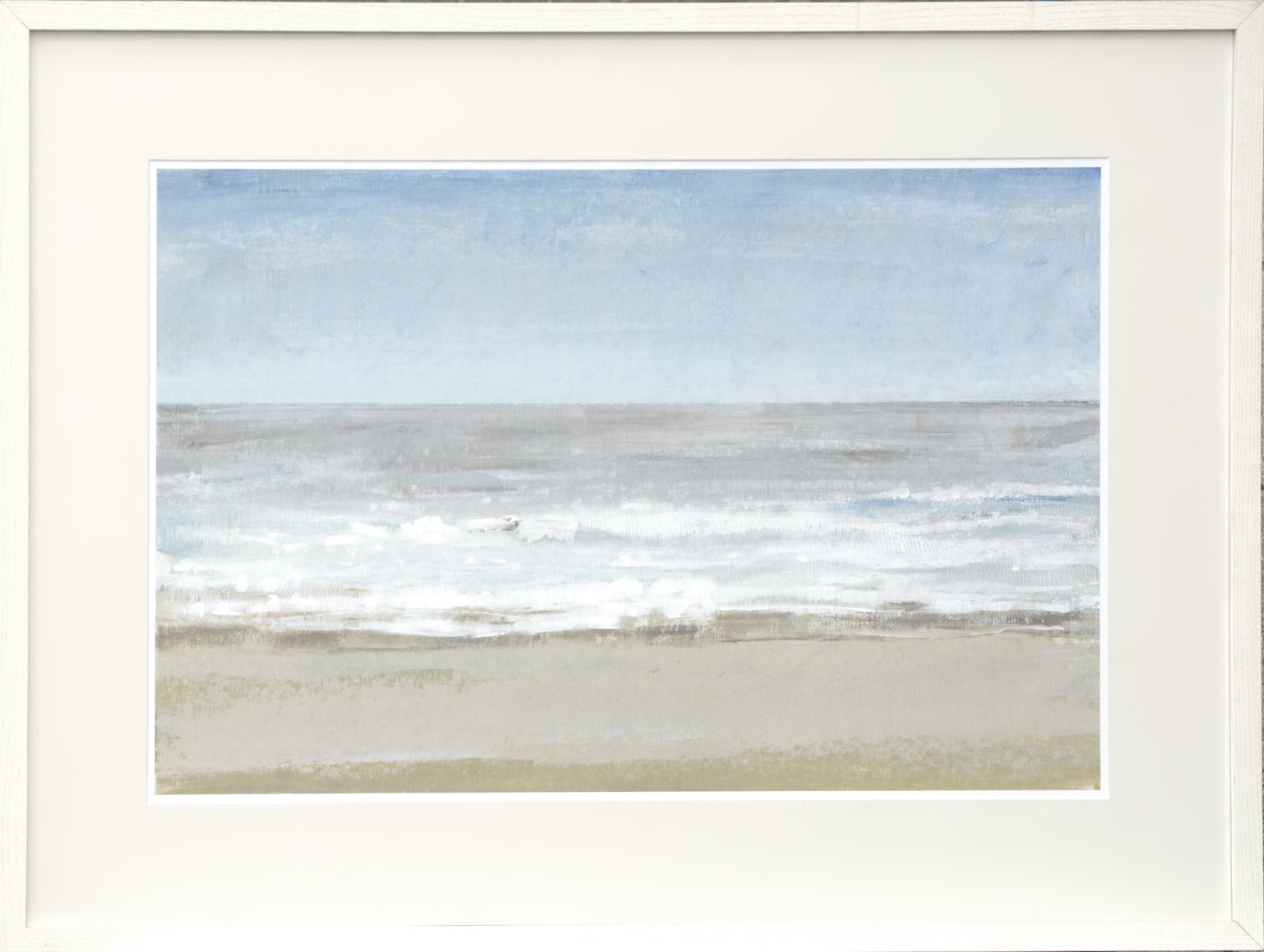 Beach Walking Day I wall art featuring a serene beach scene with soft waves and a blue sky.