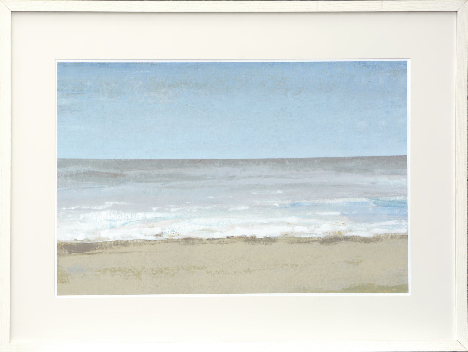 Beach Walking Day II wall art featuring a serene beach scene with soft blue sky and gentle waves.