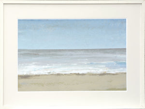 Beach Walking Day II wall art featuring a serene beach scene with soft blue sky and gentle waves.