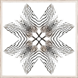 Feather Mandala III wall art featuring a black and white feather design on a white background.