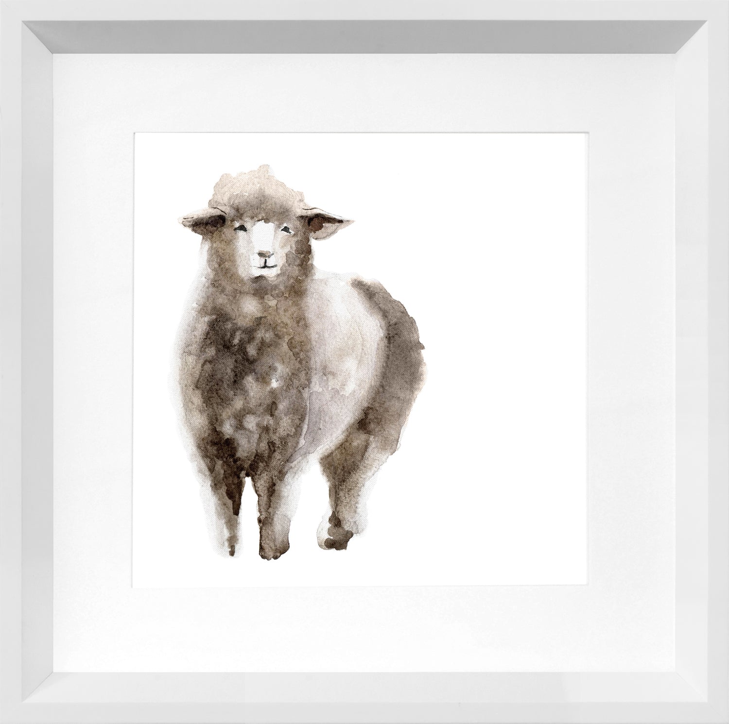Fluff wall art featuring a watercolor sheep in soft brown and white tones, framed in white.