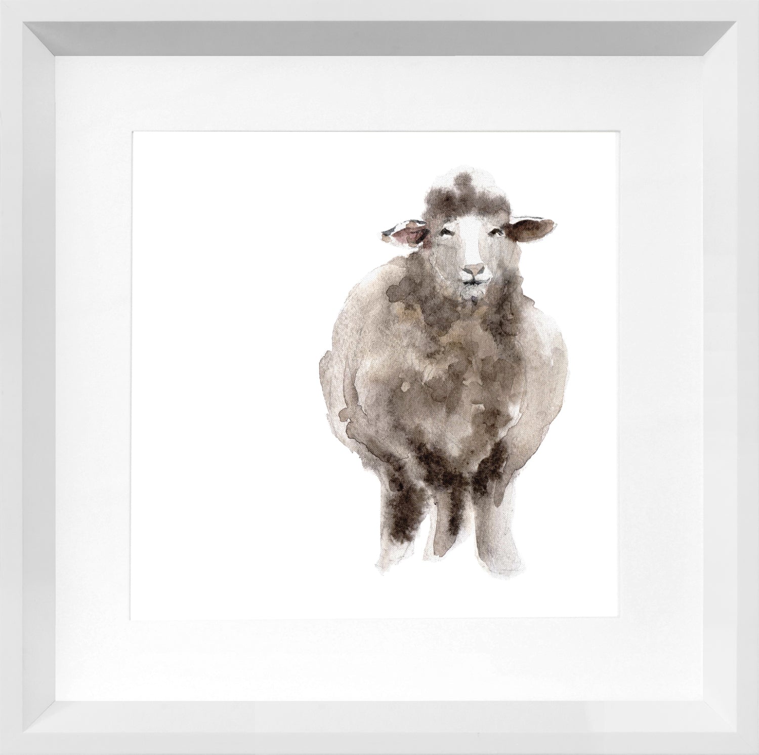 Floss wall art featuring a watercolor sheep illustration in neutral tones, framed in white.