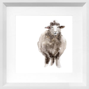 Floss wall art featuring a watercolor sheep illustration in neutral tones, framed in white.