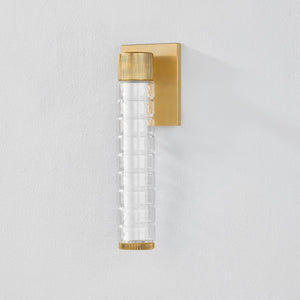 Castor Bath Sconce 4.25" x 13.5" in aged brass shown from a second angle to highlight the arm spread and shade silhouette.