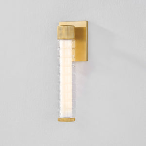 Castor Bath Sconce 4.25" x 13.5" in aged brass shown from the front to reveal the arm spread and shade silhouette.
