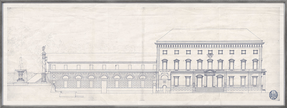 Palace Of The Prince-Bishop I wall art featuring a detailed architectural drawing in blue ink.