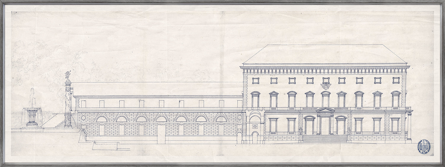 Palace Of The Prince-Bishop I wall art featuring a detailed architectural drawing in blue ink.