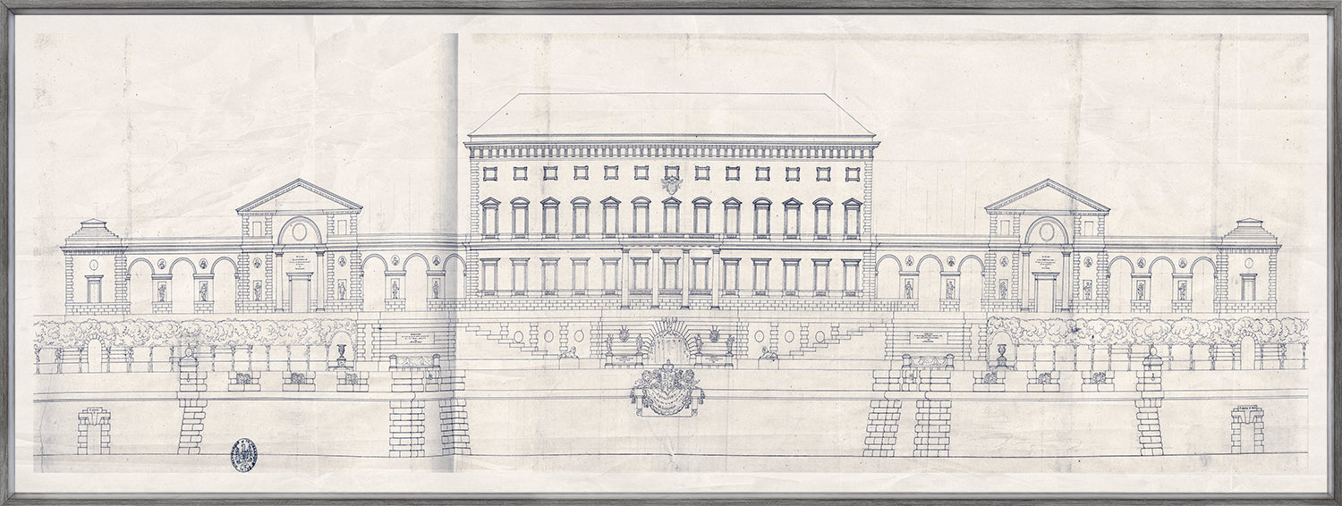 Palace Of The Prince-Bishop III wall art featuring a detailed architectural drawing in blue ink.