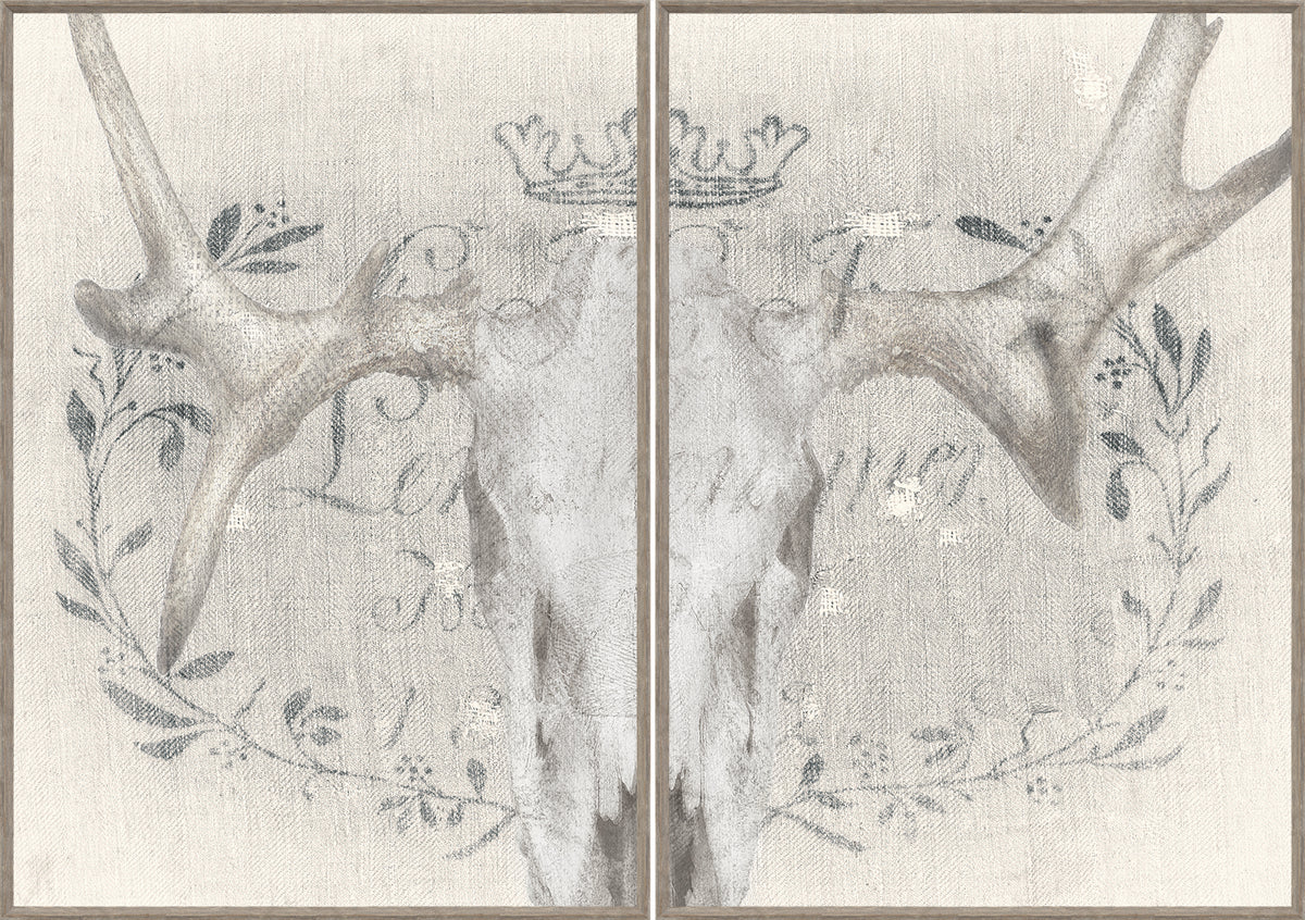 Crane Et Lin Diptych wall art featuring antlers and floral design in muted tones