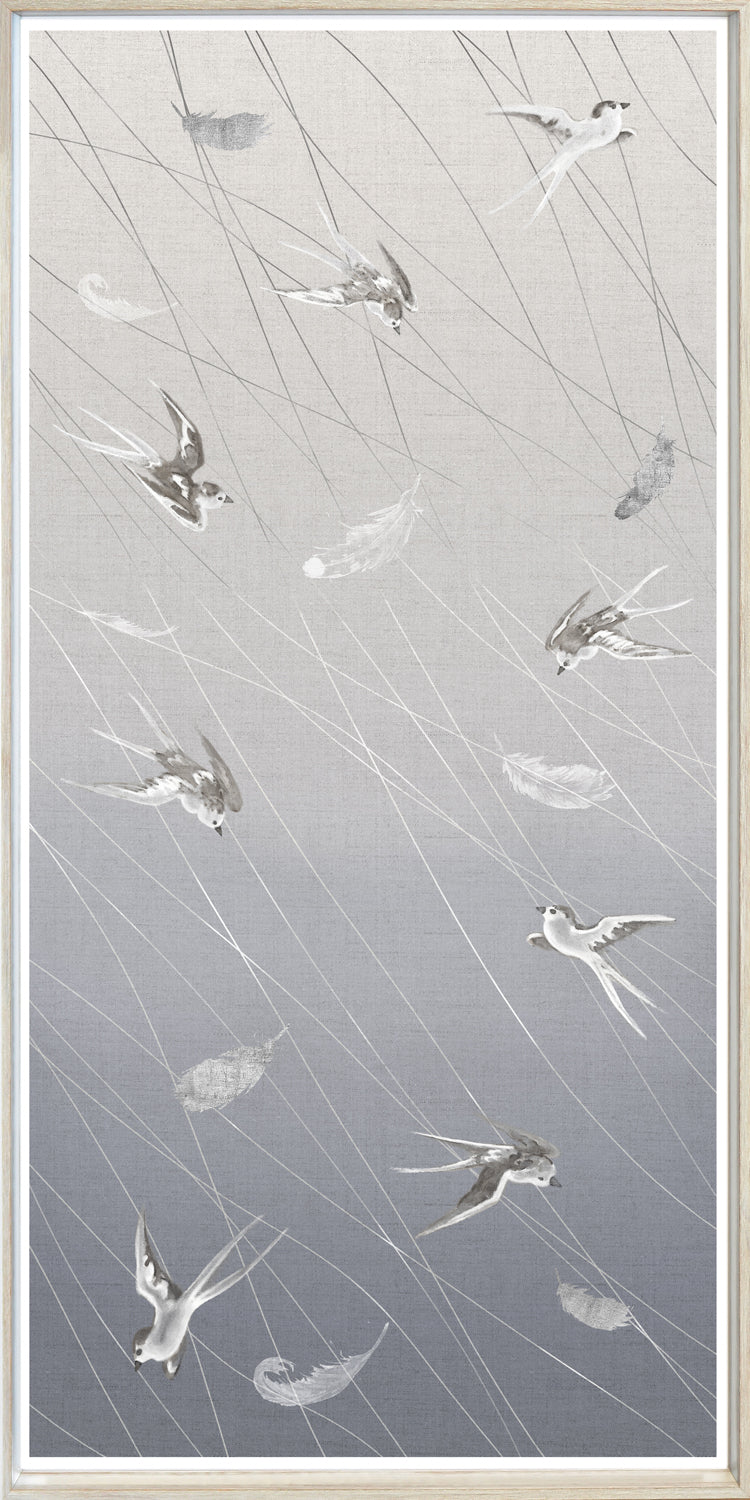 Swallows At Play Panel II wall art featuring swallows in gray tones with feather details