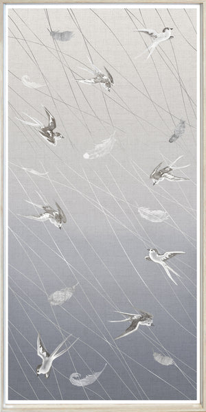 Swallows At Play Panel II wall art featuring swallows in gray tones with feather details