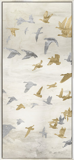 Migrating Flight Panel I wall art featuring silver and gold birds on a light background