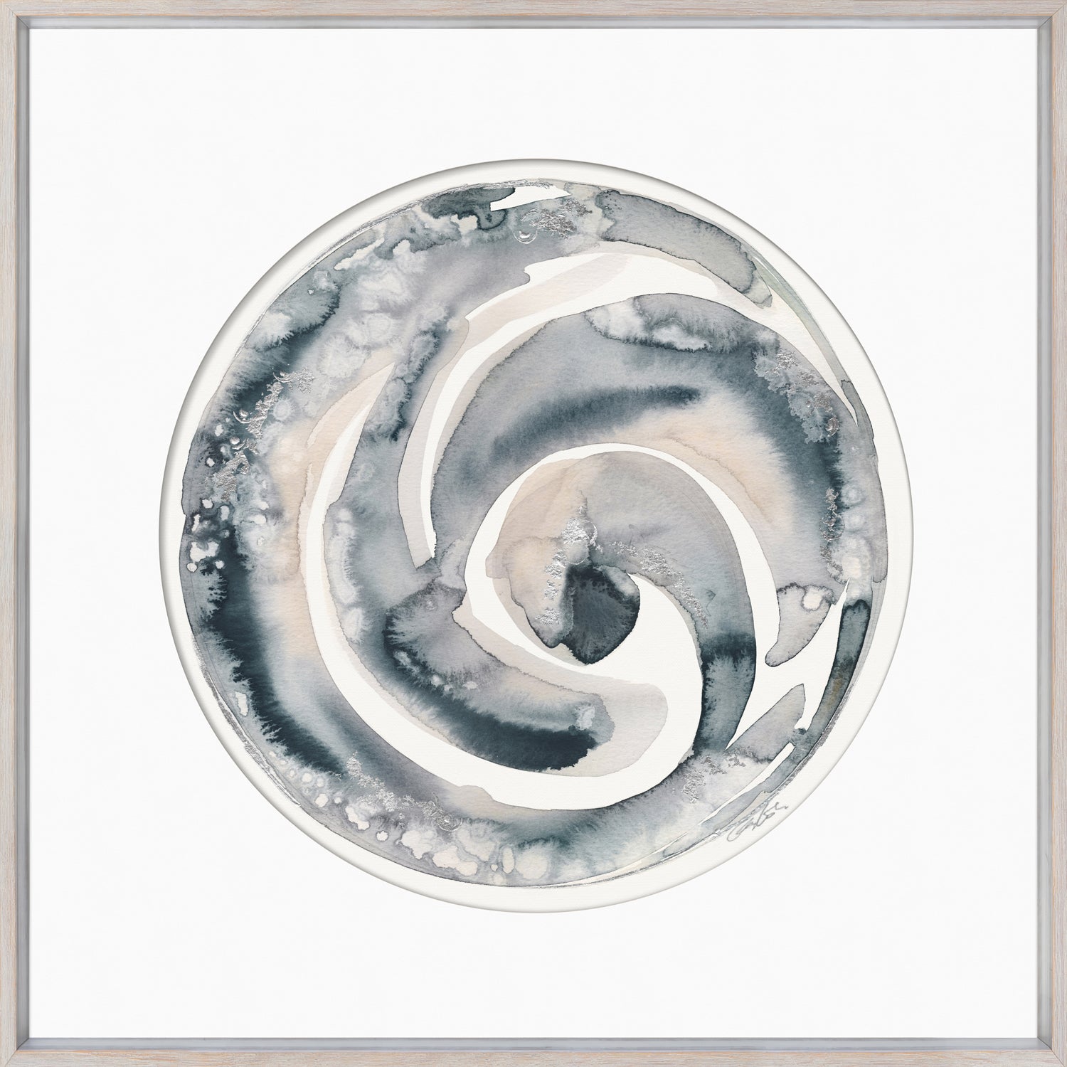Marine Portal I wall art featuring a circular abstract design in gray and beige watercolor.