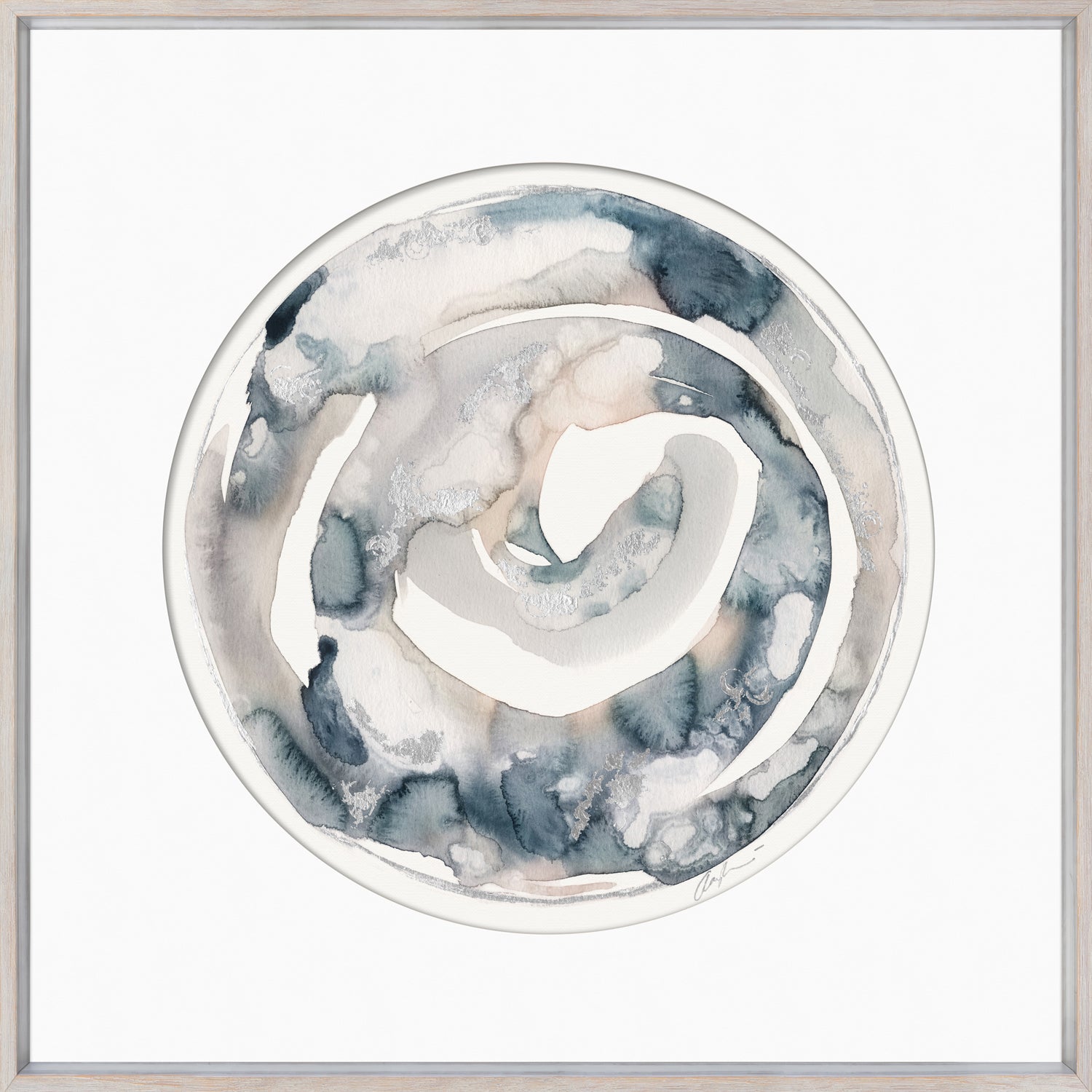 Marine Portal II wall art featuring a circular watercolor design in soft blues and neutrals.