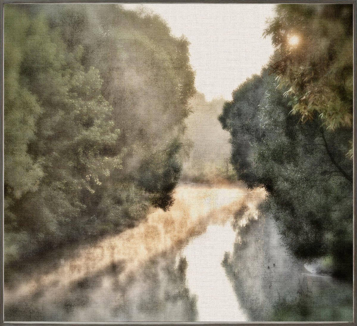 Early Morning Mist wall art featuring a serene river scene with mist and lush greenery.
