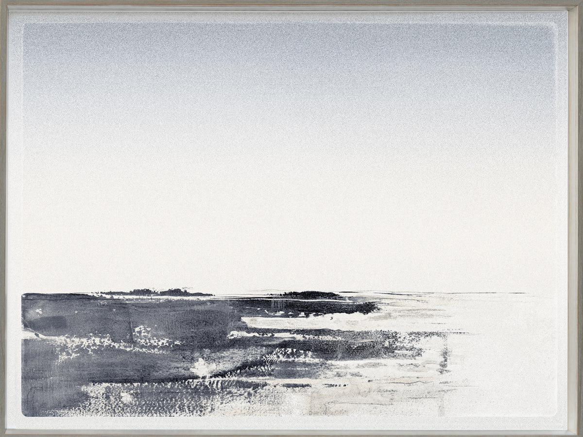 Silvered Land I wall art featuring a gradient of soft gray and white tones with abstract landscape elements.