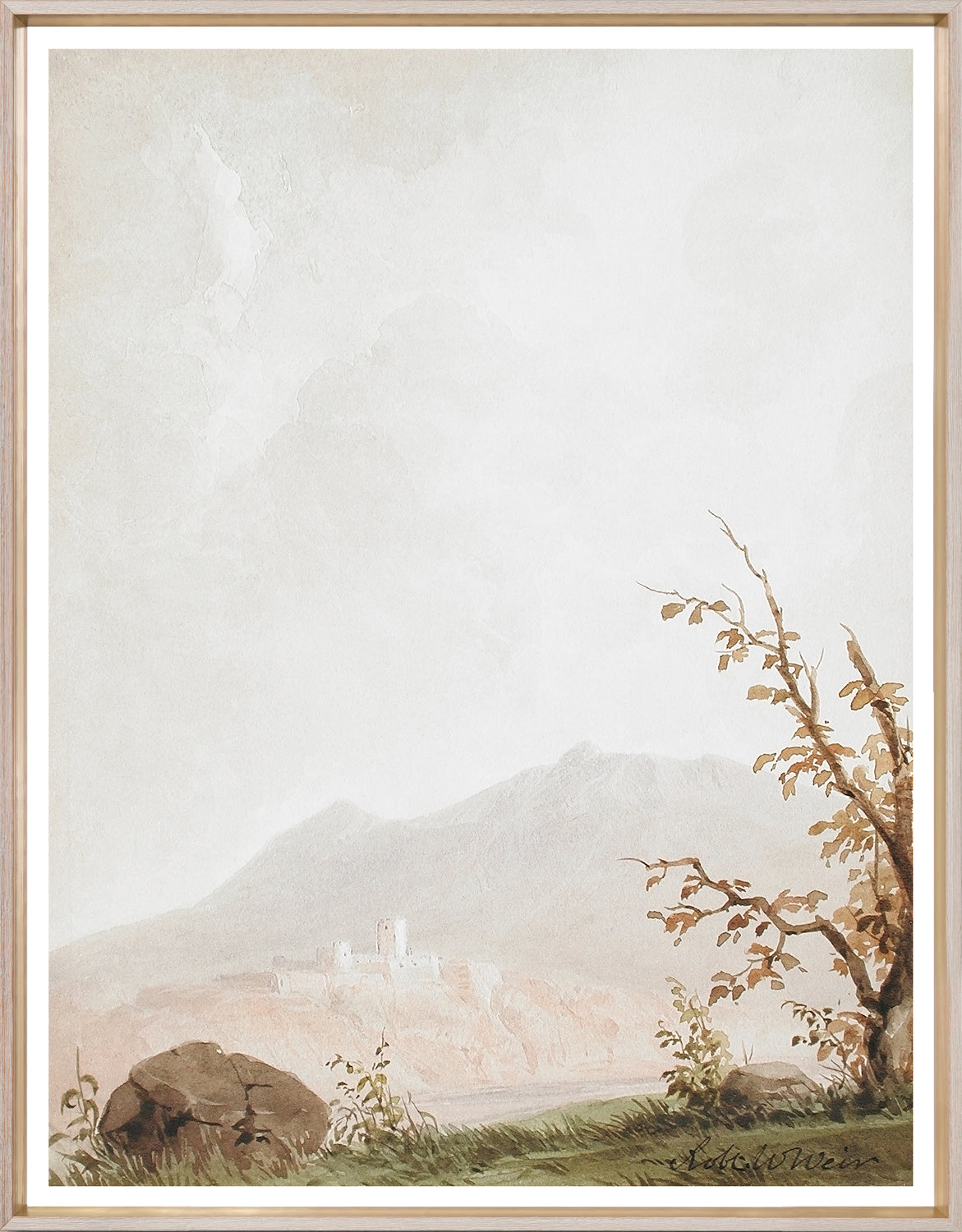 Italian Landscape – Circa 1825 wall art featuring a serene mountain scene with a castle.