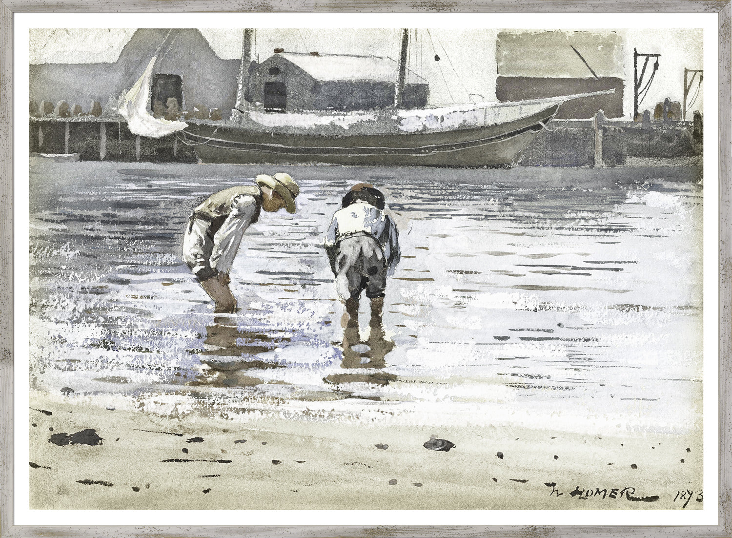 Homer – Boys Wading wall art featuring two boys wading in water, with a boat in the background.
