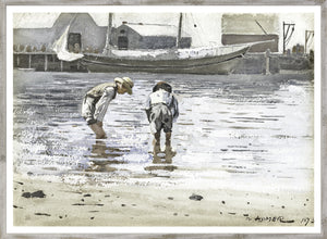 Homer – Boys Wading wall art featuring two boys wading in water, with a boat in the background.