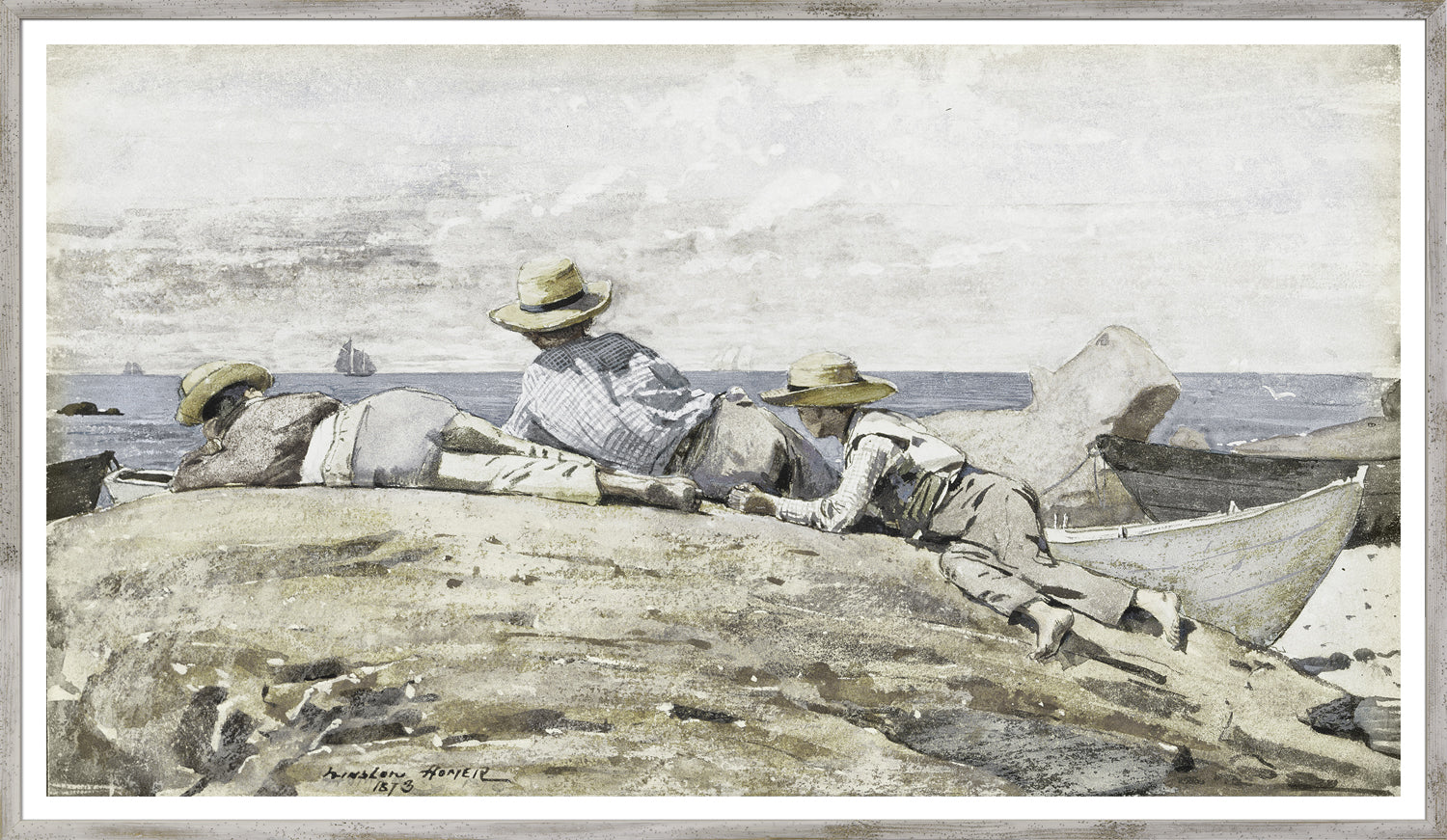 Homer – Three Boys On The Shore wall art featuring three boys on a rocky shore, wearing straw hats, with boats in the background.