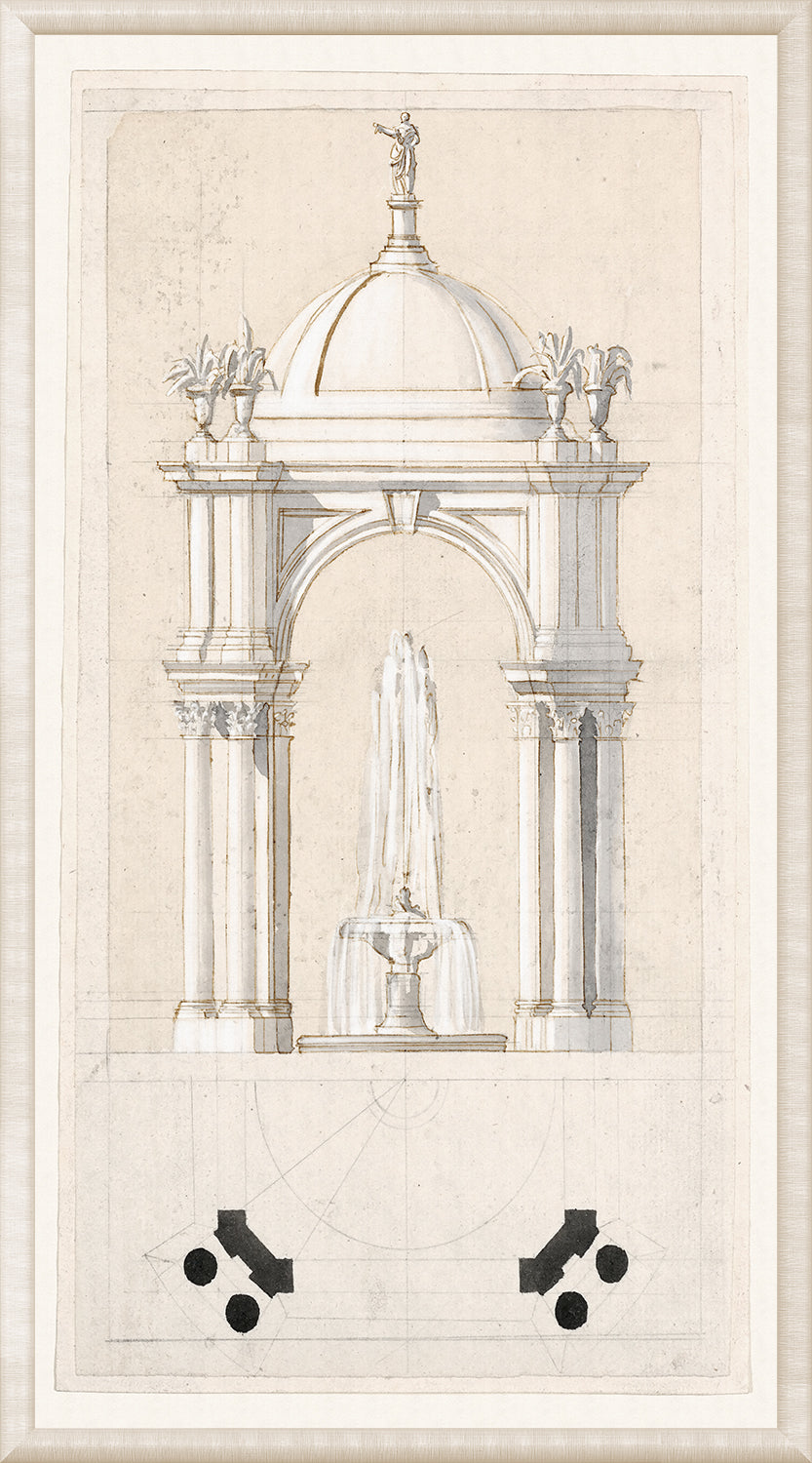 Collection 01 – Temple Fountain wall art featuring an architectural fountain design with a dome.