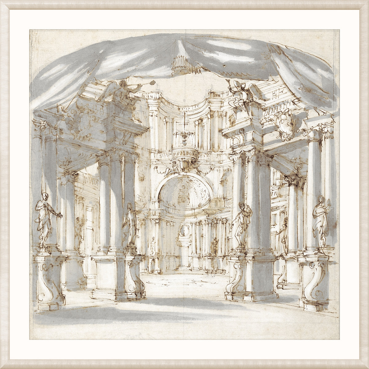 Collection 01 – Palace Courtyard wall art featuring an architectural sketch with columns and statues.