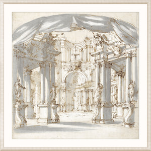 Collection 01 – Palace Courtyard wall art featuring an architectural sketch with columns and statues.