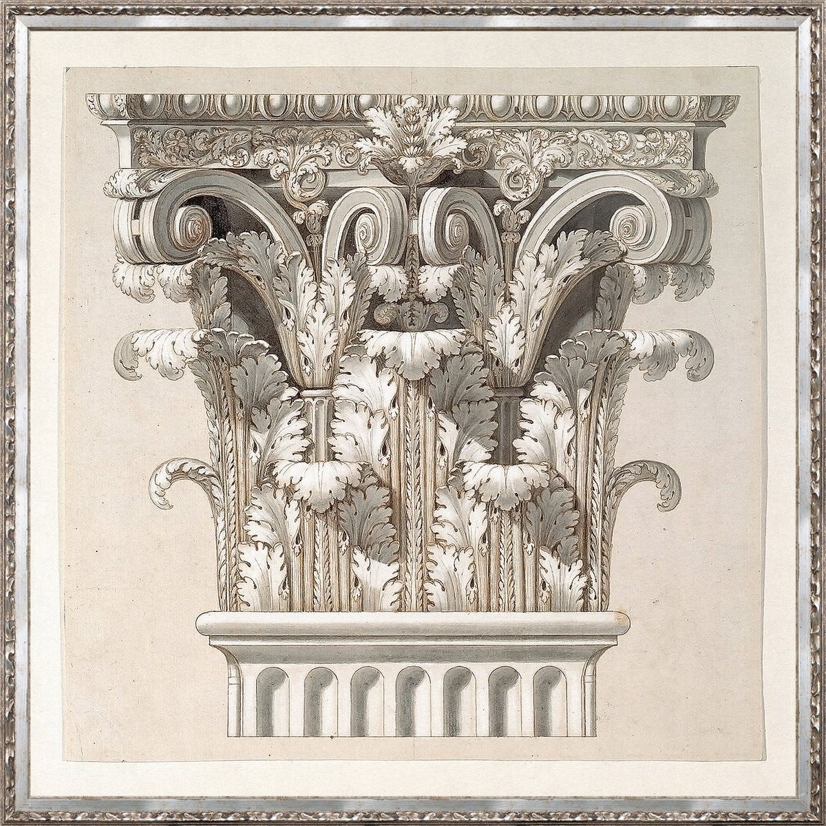 Collection 01 – Corinthian Capital wall art featuring intricate leaf designs in neutral tones